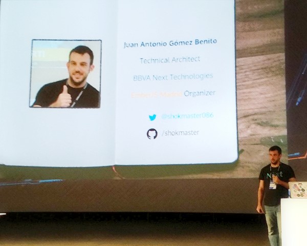 Juan Antonio Gómez on stage at Codemotion 2019