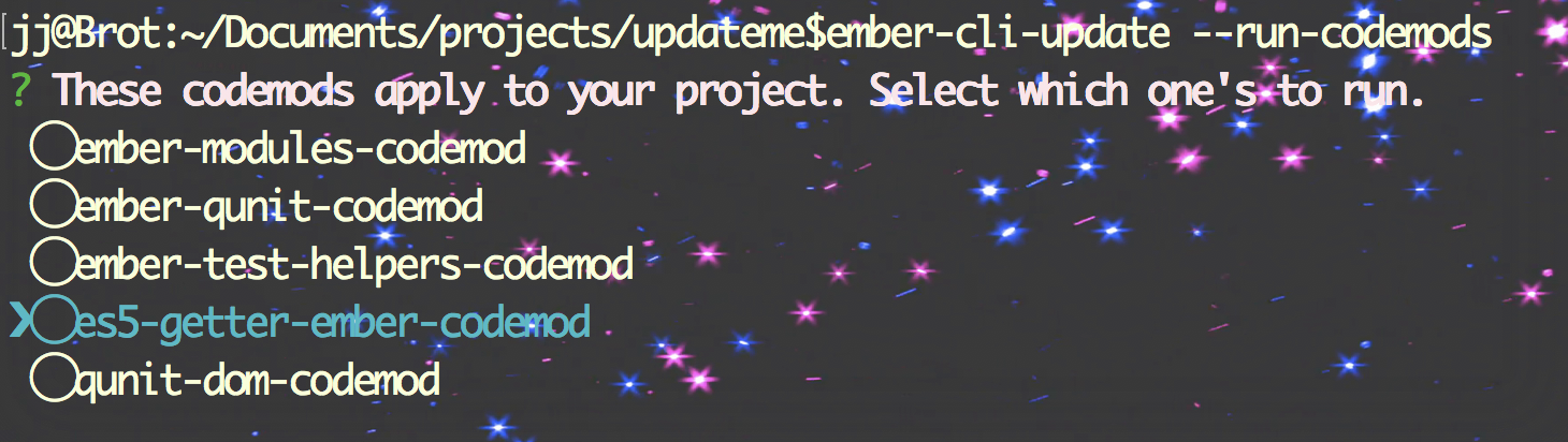 Terminal window showing Ember CLI Update's Codemod Prompts, including ember-modules-codemod, ember-qunit-codemod, ember-test-helpers-codemod, es5-getter-ember-codemod, qunit-dom-codemod